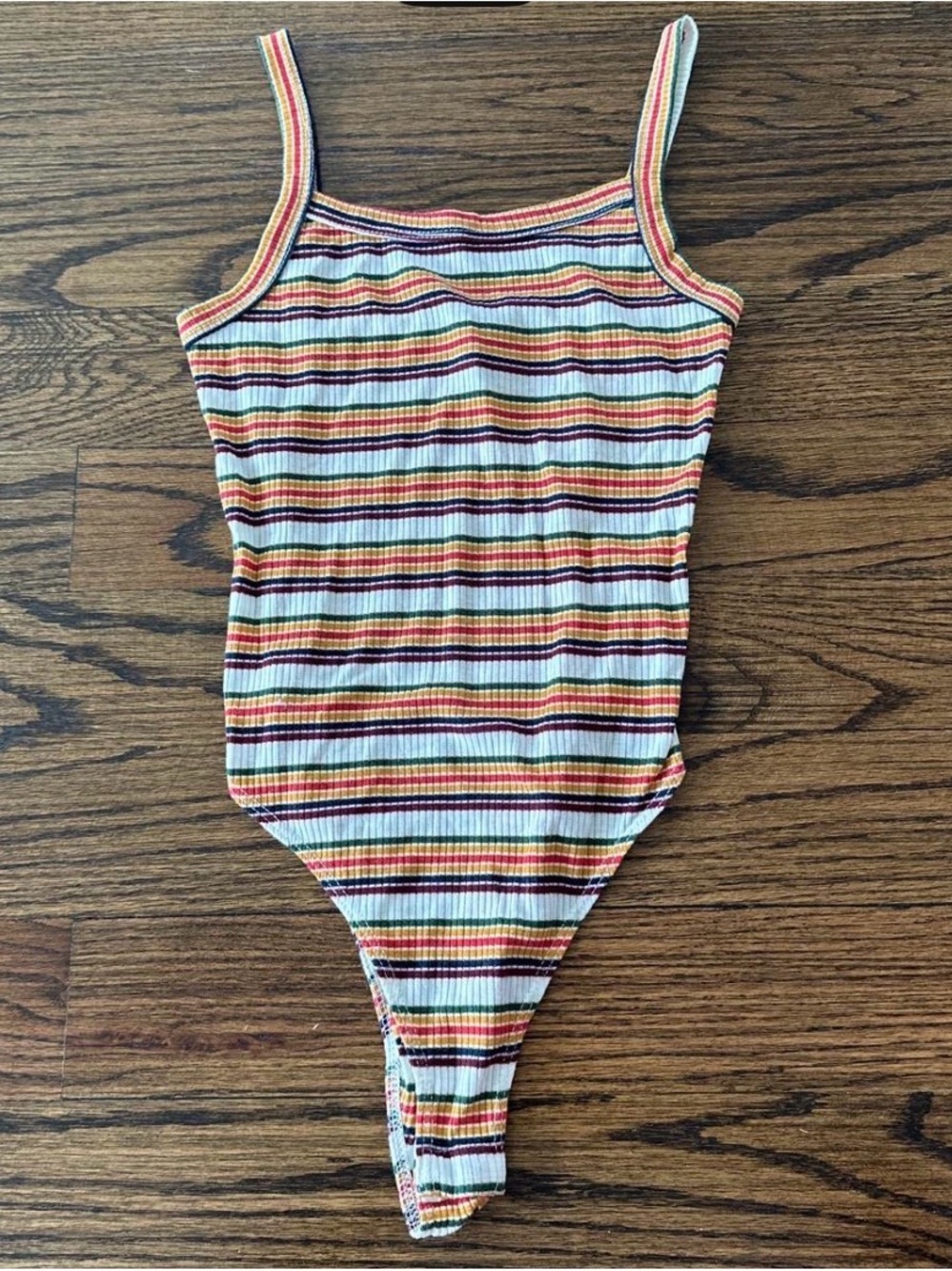Forever 21 Multicolor Striped Ribbed Bodysuit - White, Red, Yellow, Green, Blue